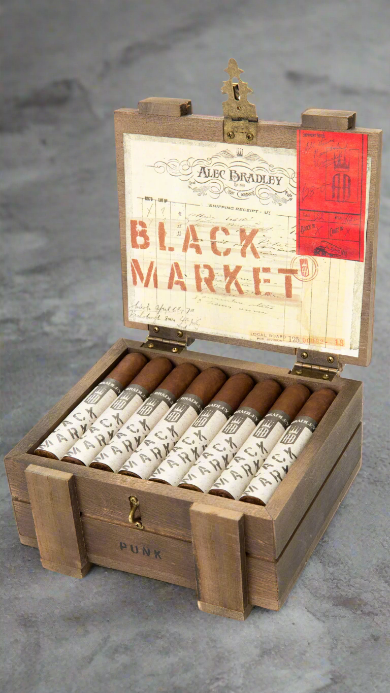 A ox of Alec Bradley black market punk cigars against a white background