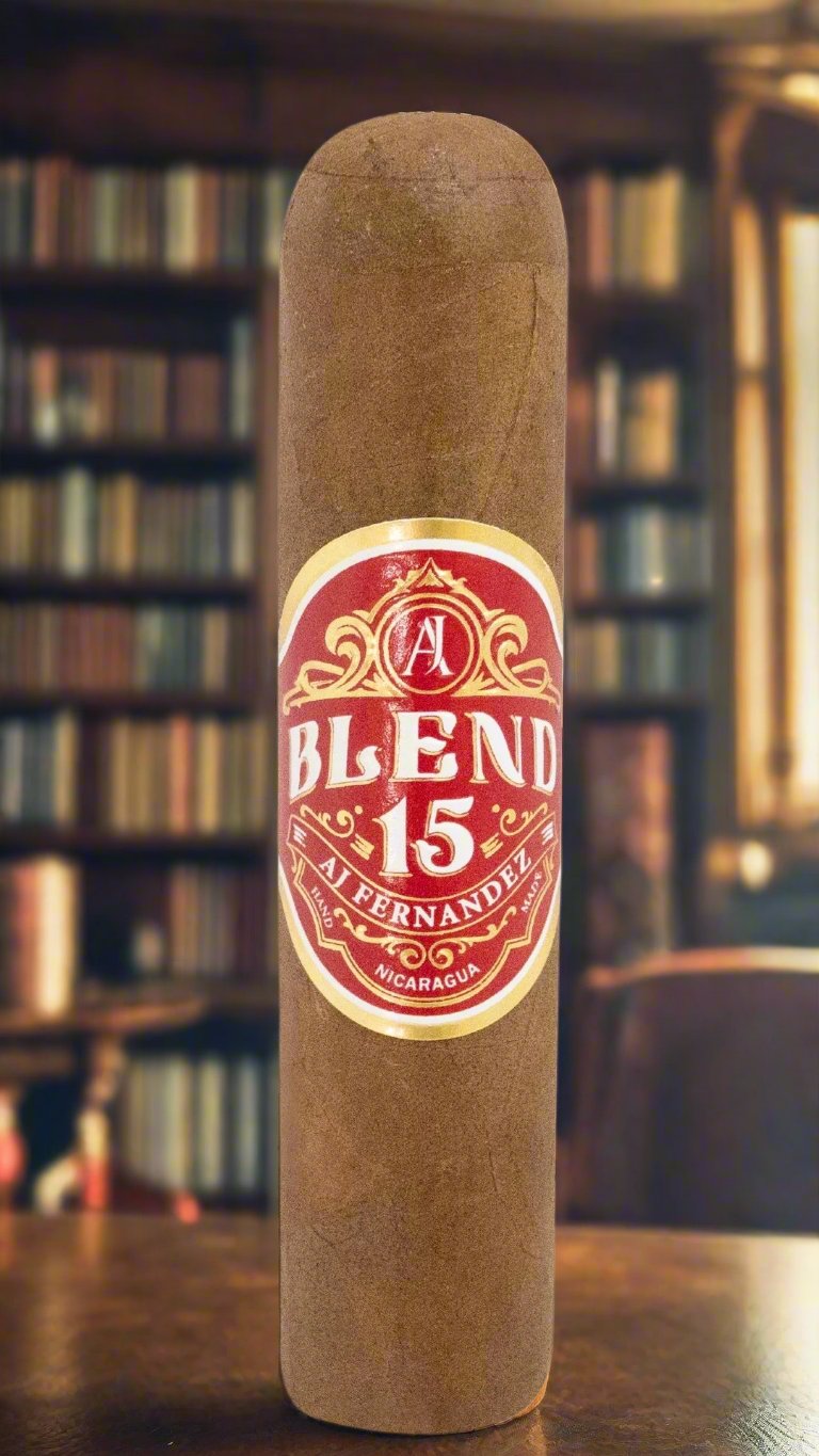 A Single Blend 15 Short Robusto cigar against a library background.