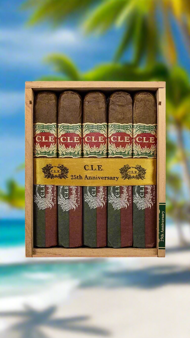 A box of C.L.E 25th Anniversary Robusto cigars against a tropical background