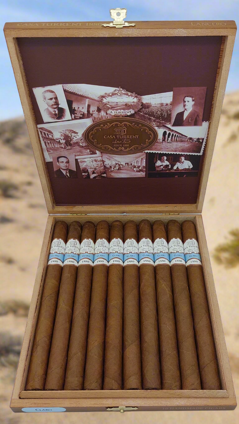 A box of 10 Casa Turrent 1880 Claro Lancero cigars set against the Mexican Desert.