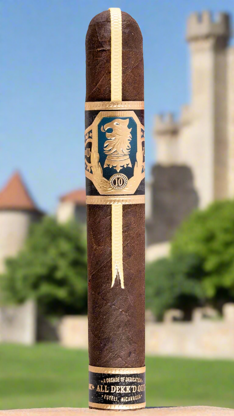 A single Drew Estate Undercrown 10 Robusto against a caste courtyard background.