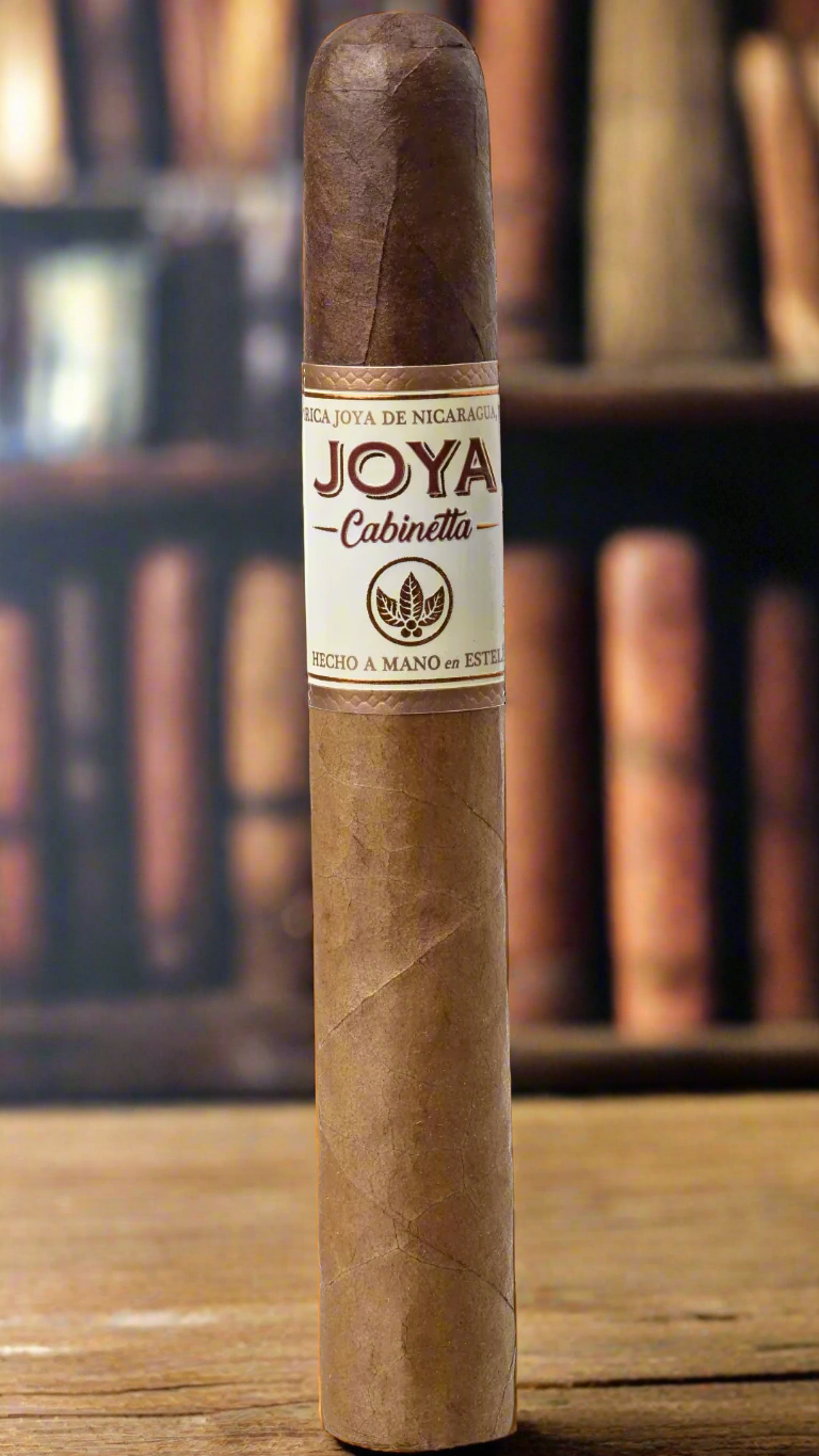 A single Joya De Nicaragua Cabinetta Corona Gorda in a library.