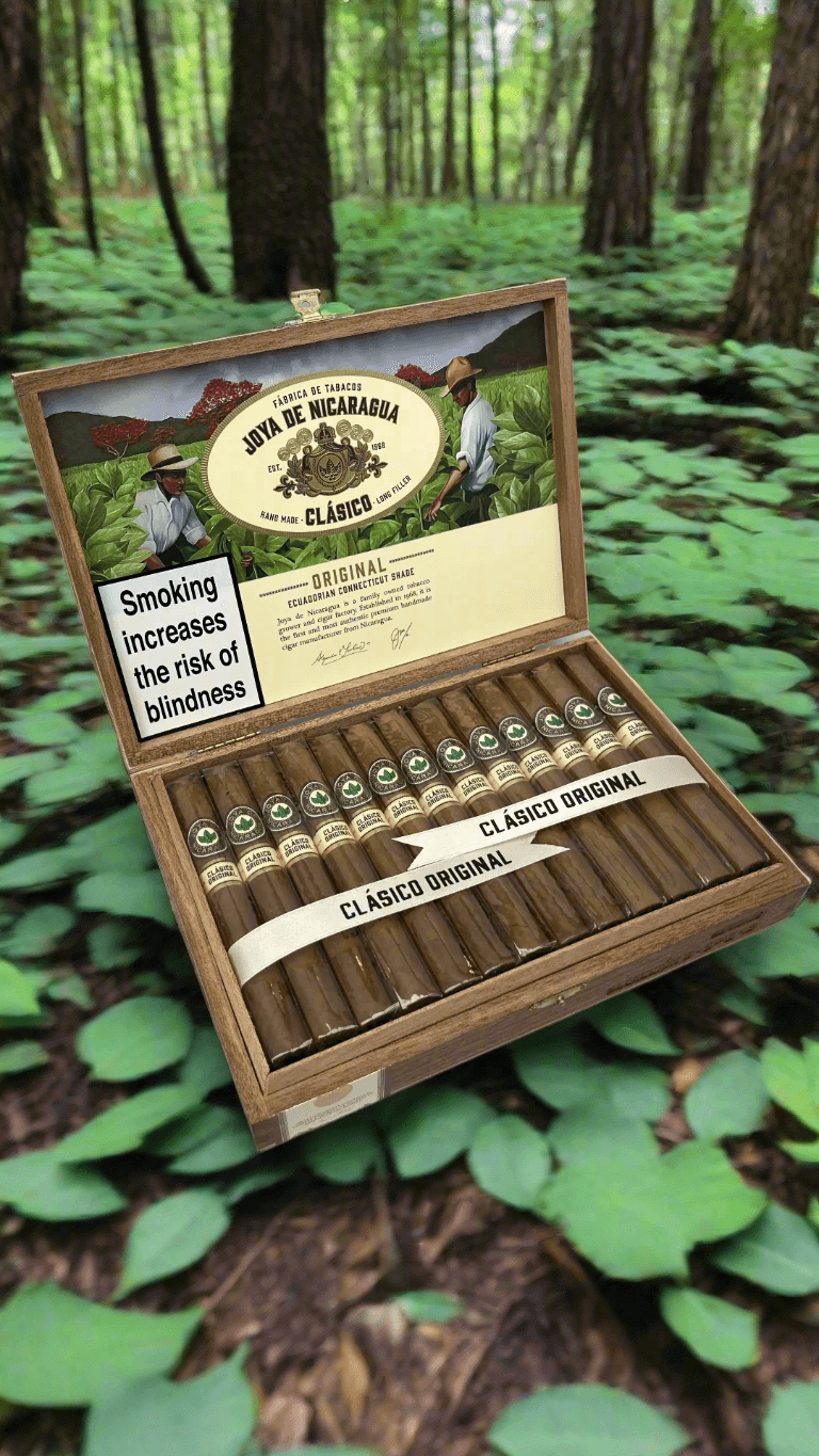 A box of Joya De Nicaragua Clasico Seleccion B cigars in the forests of Nicaragua.
