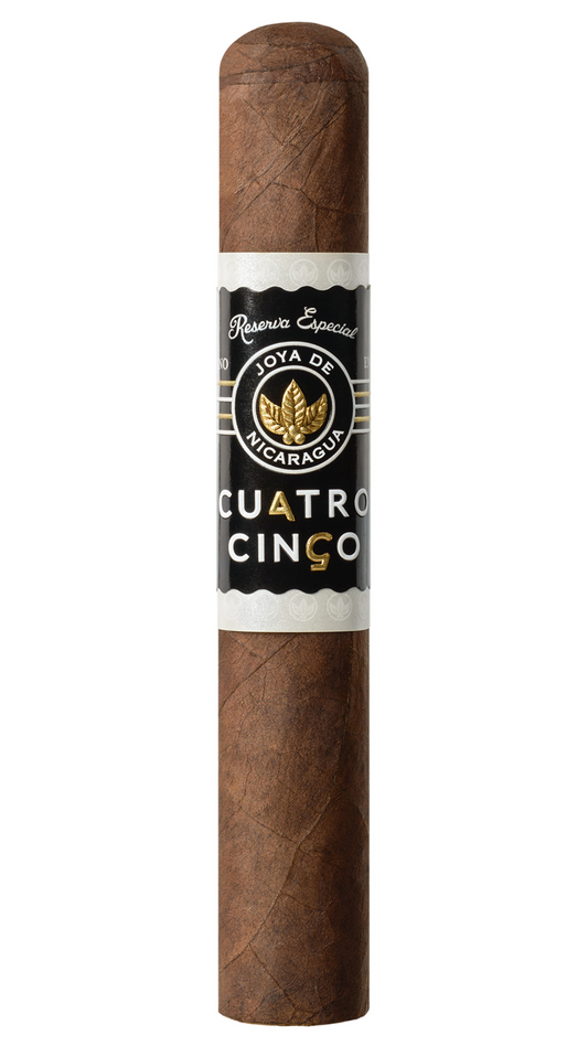 A single Joya De Nicaragua Cuatro Cinco Petit Corona cigar against a white background.