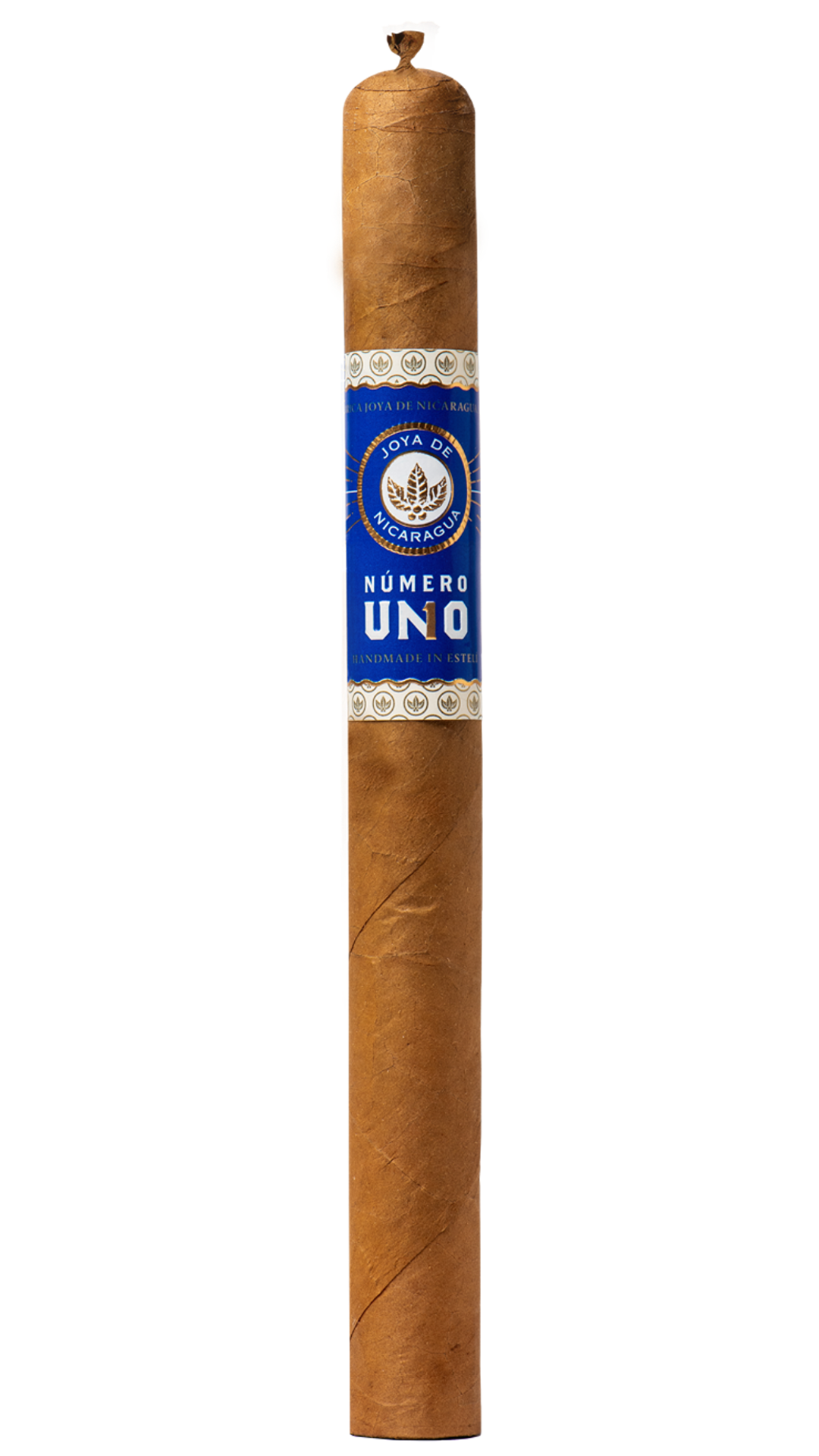A single Joya De Nicaragua Numero Uno L'ambassadeur cigar against a white background.