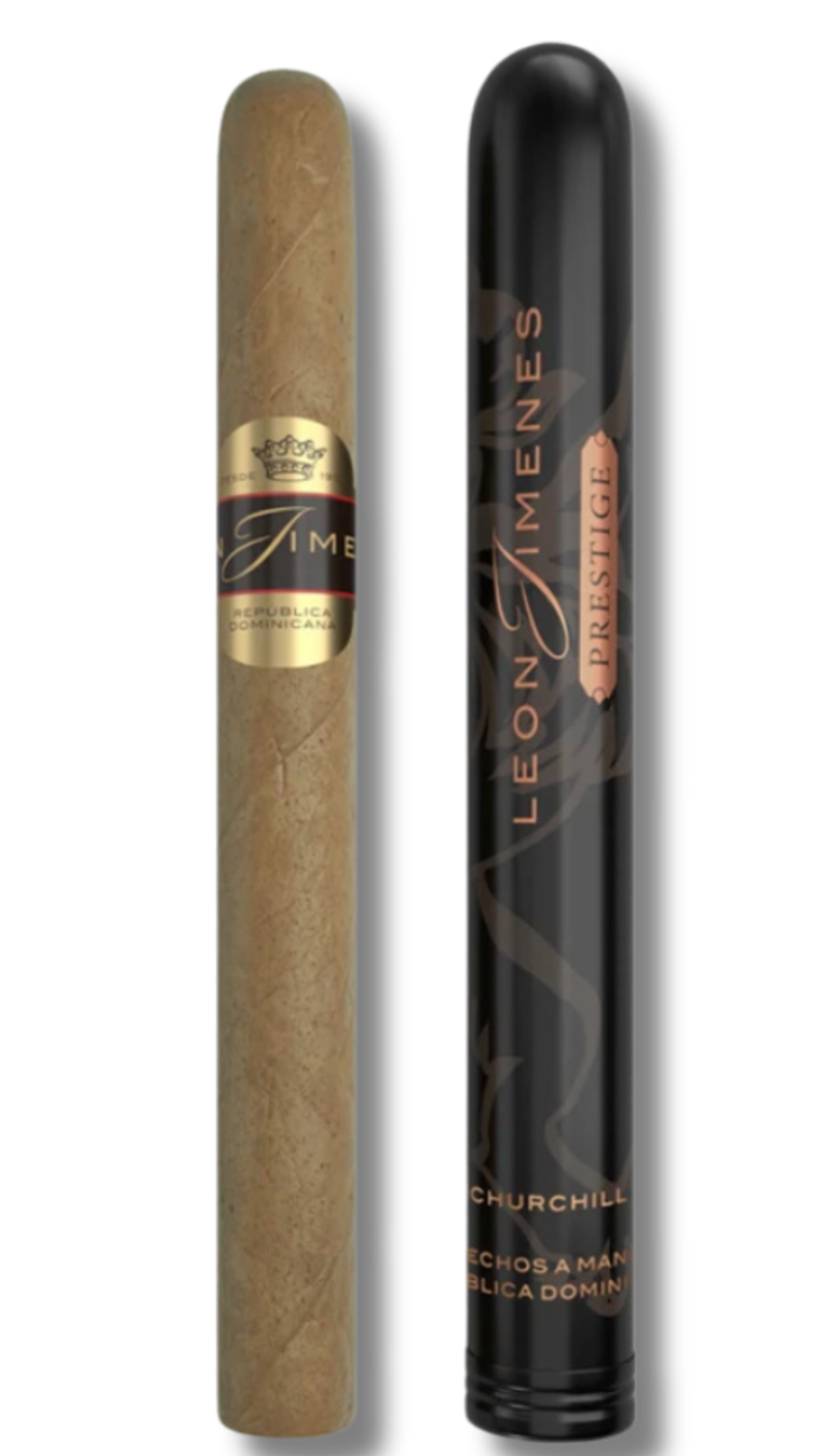 A single Leon Jimenes Prestige Corona Tubos cigar next to its tube, all set against a white background.