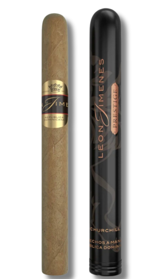 A single Leon Jimenes Prestige Corona Tubos cigar next to its tube, all set against a white background.