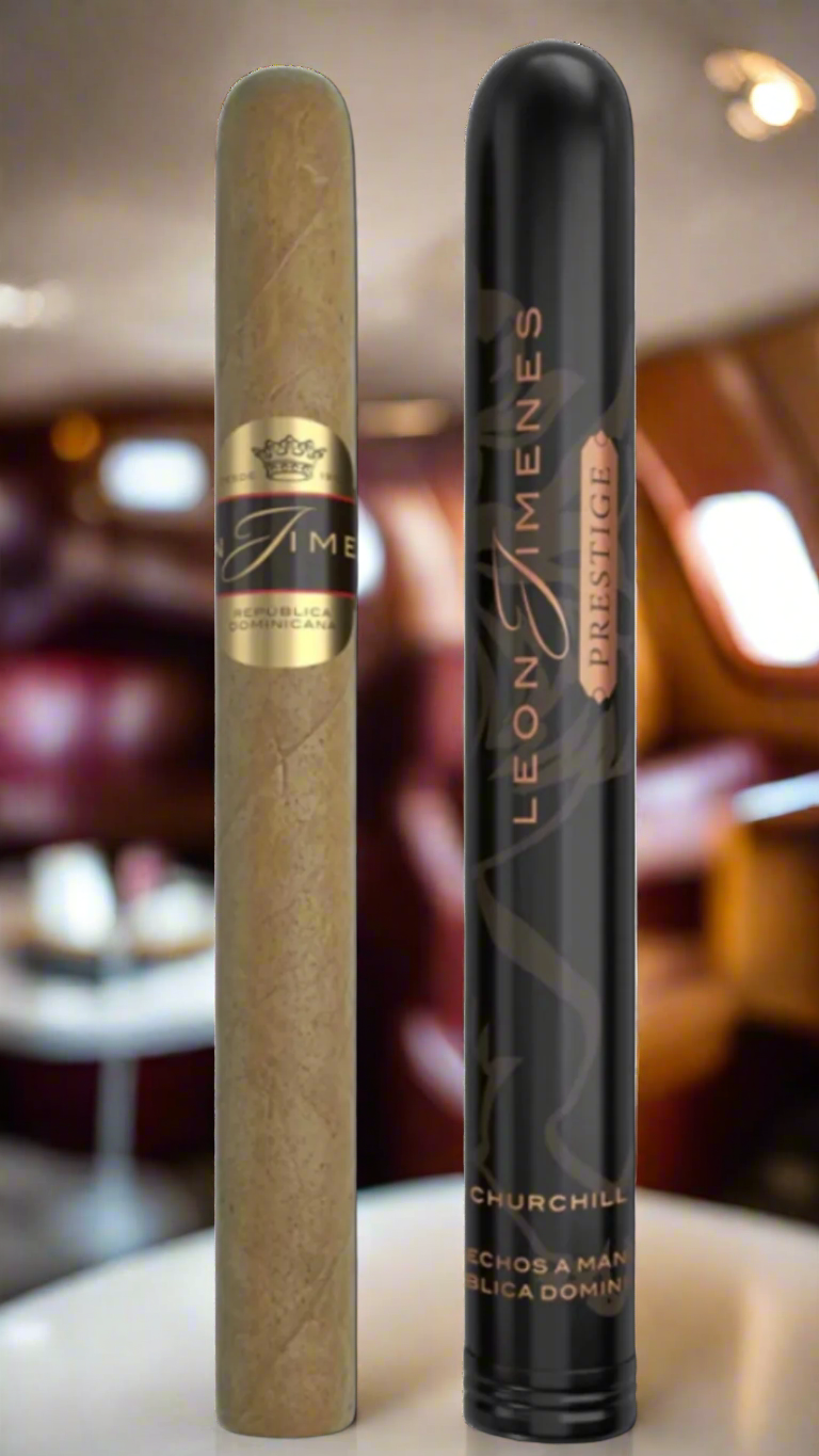 A single Leon Jimenes Prestige Corona Tubos next to its tube in a private jet.
