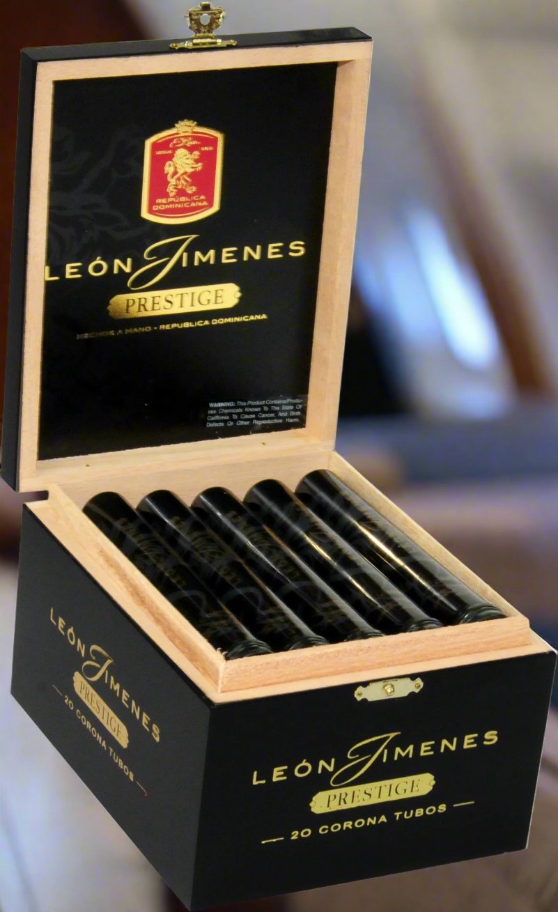 A box of Leon Jimenes Prestige Corona Tubos cigars