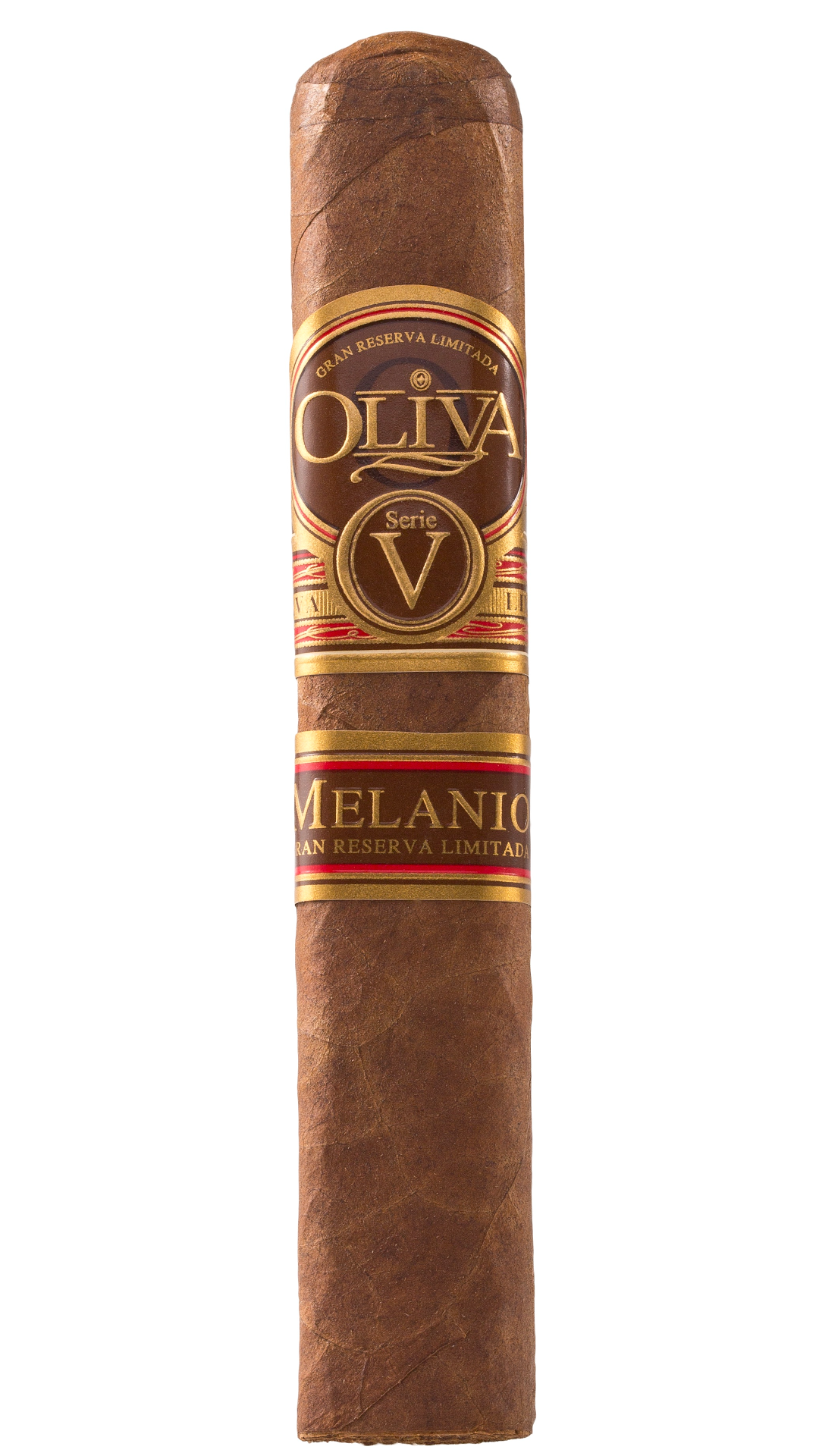 A single Oliva Serie V Melanio Robusto cigar on a white background.