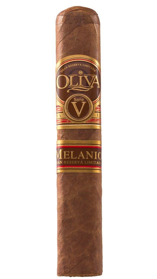 A single Oliva Serie V Melanio Robusto cigar on a white background.