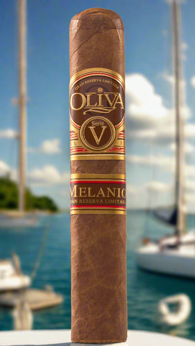 A single Oliva Serie V Melanio Robusto cigar on a yacht