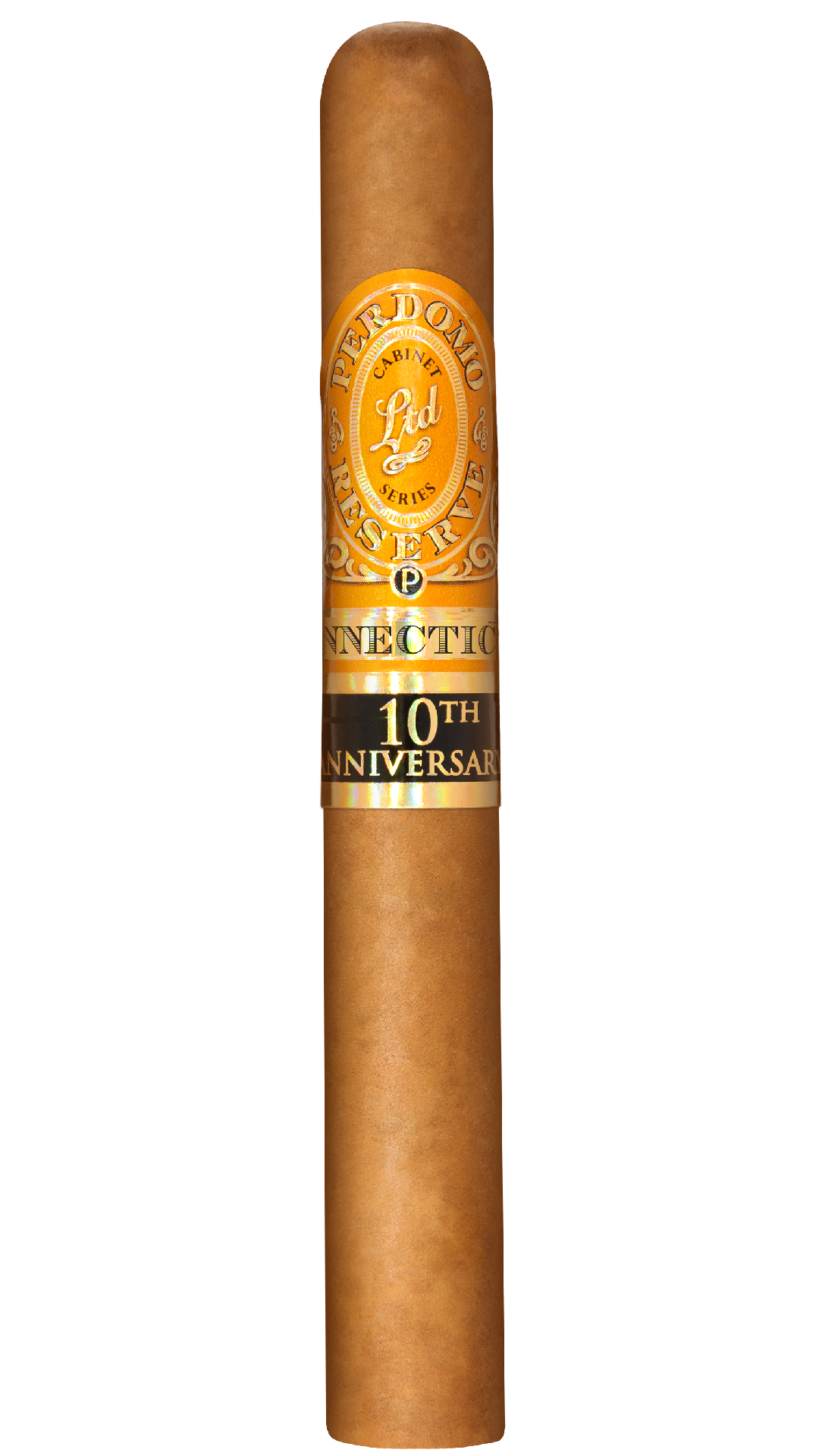 A single Perdomo 10th Anniversary Connecticut Petit Corona Cigar on a plain white packground.
