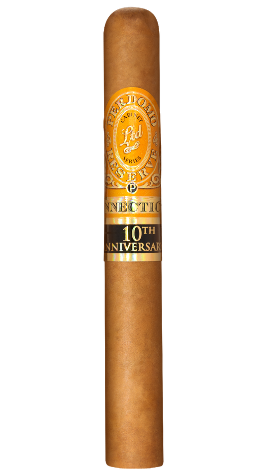 A single Perdomo 10th Anniversary Connecticut Petit Corona Cigar on a plain white packground.