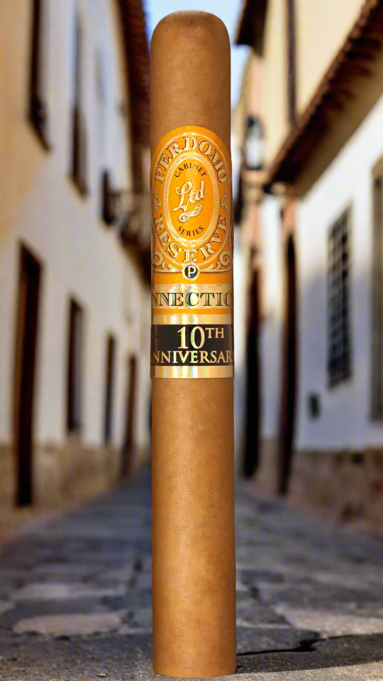 A single Perdomo 10th Anniversary Connecticut Petit Corona Cigar on the side streets of a small Spanish town.