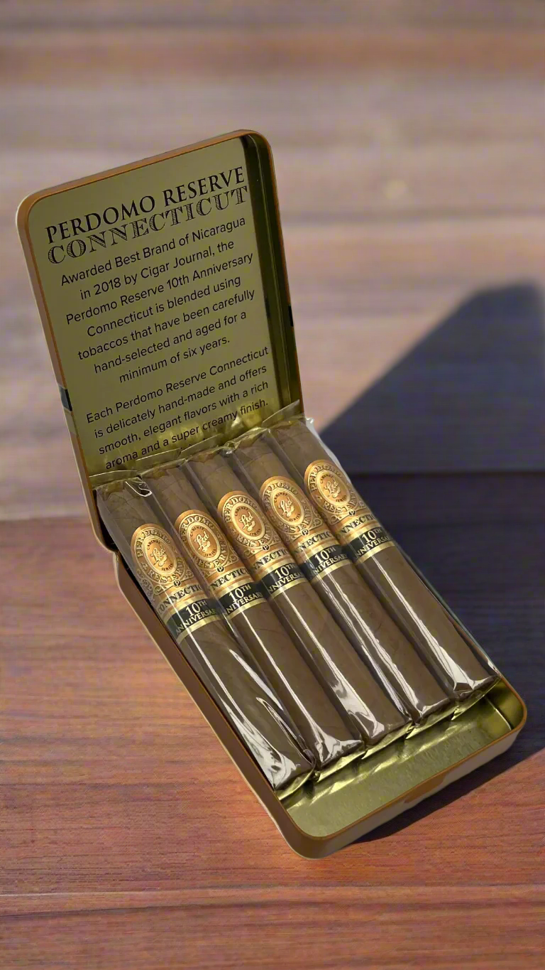 A tin of Perdomo 10th Anniversary Connecticut Petit Corona Cigars