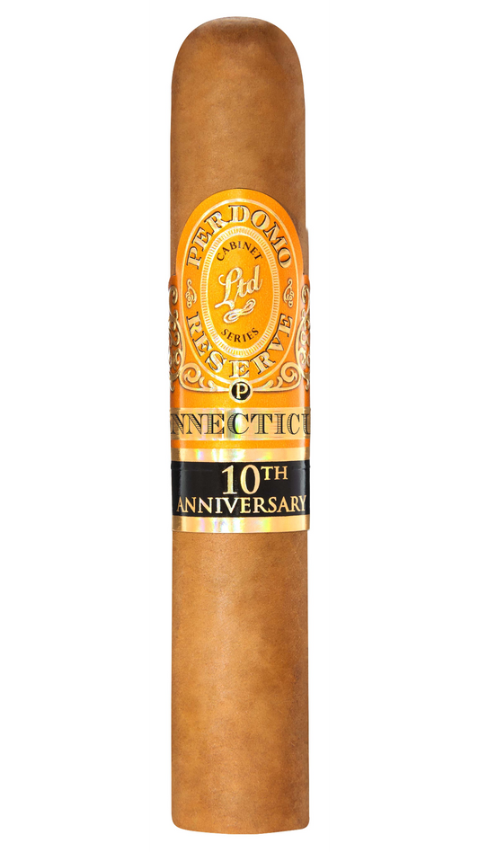 A single Perdomo 10th Anniversary Connecticut Robusto Cigar against a white background.
