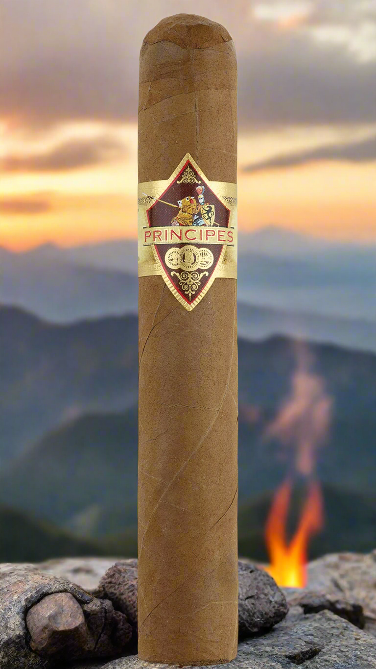 A single Principes Long Filler Claro Robusto Cigar on the top of a volcano