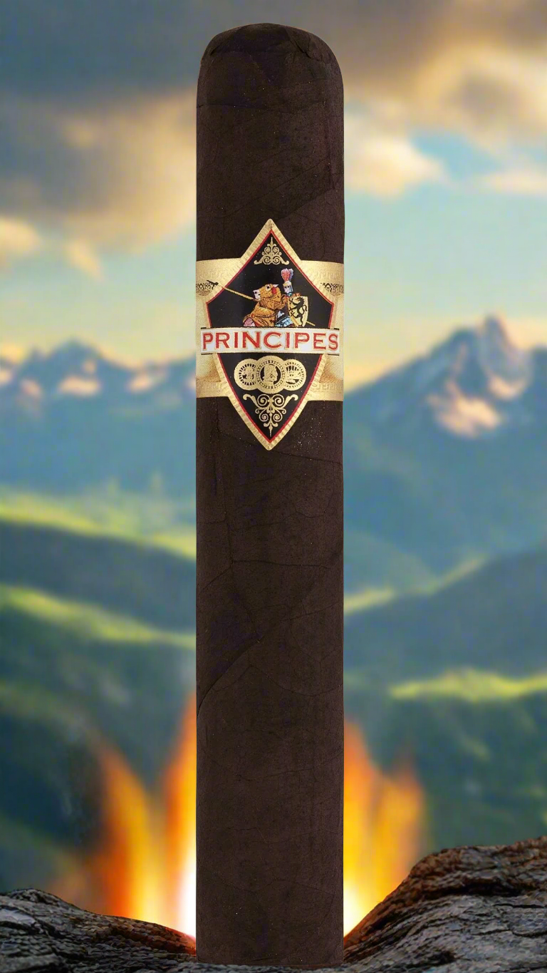 A single Principes Long Filler Maduro Robusto Cigar on a volcano.