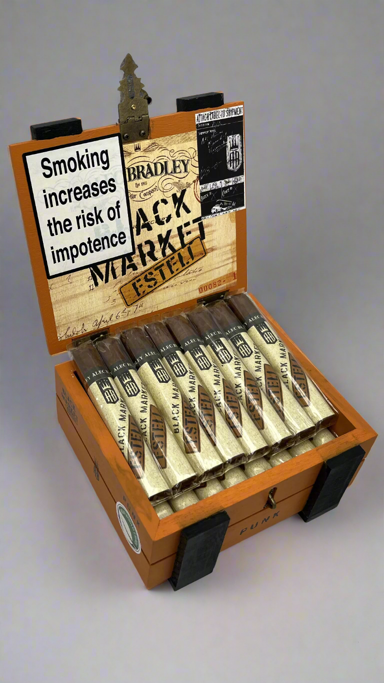 A box of Alec Bradley black market punk esteli cigar against a white background