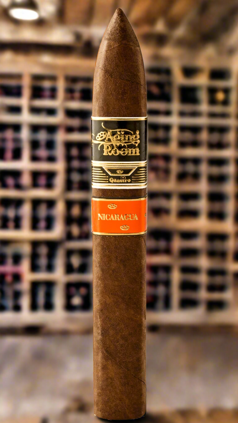 A single Aging Room Nicaragua Quattro Maestro against a wine cellar background