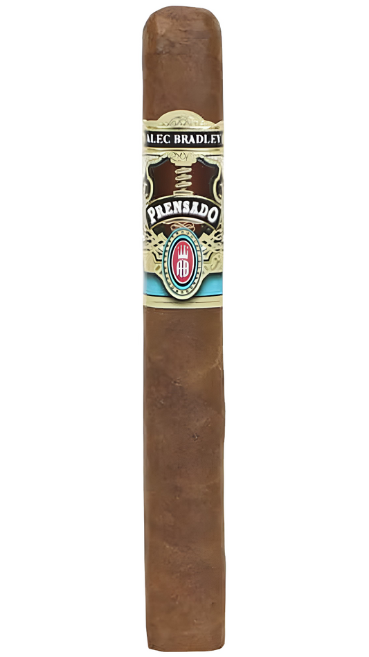 A single Alec Bradley Prensado Corona Gorda cigar against a white background