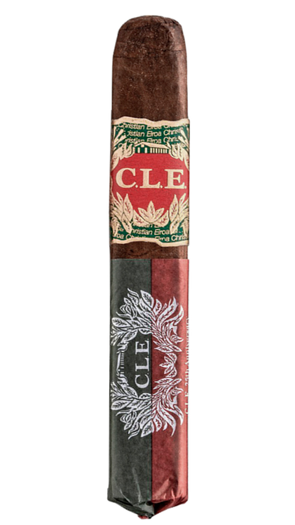 A single C.L.E 25th Anniversary Robusto cigar against a white background.