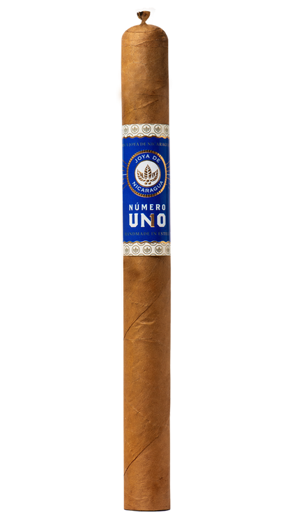 A single Joya De Nicaragua Numero Uno L'ambassadeur cigar against a white background.