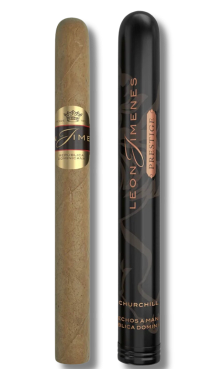 A single Leon Jimenes Prestige Corona Tubos cigar next to its tube, all set against a white background.