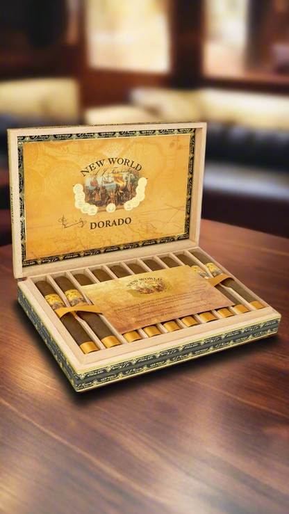 A box of A.J. Fernandez New World Dorado cigars in a cigar lounge 