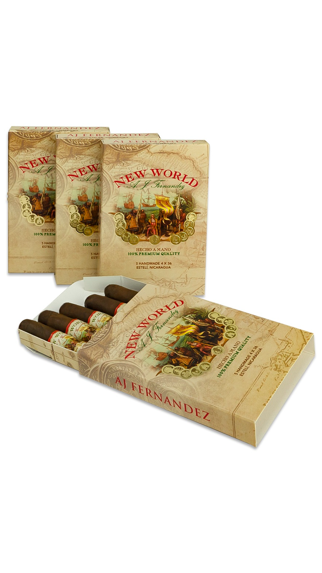 An opened box of five A.J. Fernandez New World Oscuro cigars against a plain background, with three unopened packs in the background.